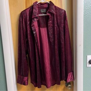 Vintage Crimson Red. Pressed Velvet in button down shirt,